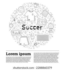 Line art vector of Soccer cartoon doodle objects, symbols and text. Round frame composition on White Background.
