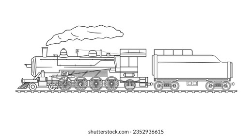 Linearvektorvektor der Dampflokomotive-Lokomotive, die Dampfmaschine aus dem Kessel zum Bewegungzeichnen mit schwarz-weißem Cartoon, Vektorgrafik