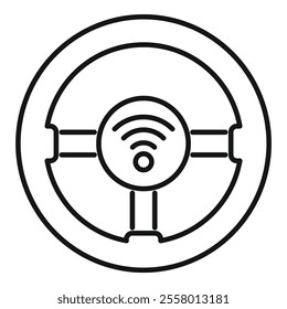 Line art vector of a steering wheel with a wifi icon, representing the concept of a smart car