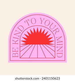 Line art vector sticker with sun and lettering. Concept of self love and mental health. Y2k abstract landscape. Minimal groovy template for design