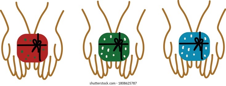Line art vector symbol of giving, hand open with gifts, palms open with gifts, editorial or icon illustration cartoon vector