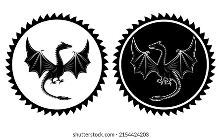 Line art vector – symbols logo or icon of dragon - giant imagine legendary creature two legs with wings in round circle drawing in black and white