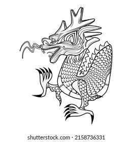 Line art vector – symbols logo or icon of chinese dragon or loong, long or lung in side view drawing in black and white