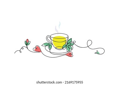 vector de arte de línea, taza de té con té verde herbolario caliente