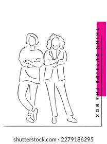 Vector de línea de arte de un equipo de personas creativas que piensan fuera de la caja. Creatividad e innovación. Inspirar y vivir maravillosamente 