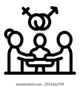 Line art vector of a team working together with a male and female symbol above them, perfect for topics of gender equality and tolerance