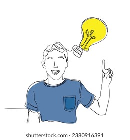 Line art vector of Teenage genius finding solution to difficult problem, looking happy and pointing at light bulb, collage. Inspired adolescent boy solving hard task, making innovative decision