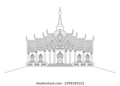 Line art vector of Thailand temple or Wat drawing in black and white