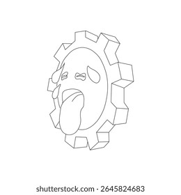 line art vector of a tired gear face with tongue out and sweat drops. cartoon-style mechanical character.