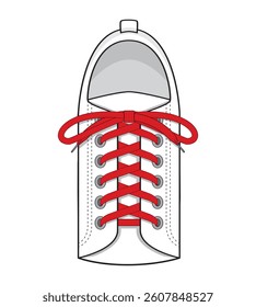 Line art vector top view of white sneaker with red shoe strings drawing in colorful vector