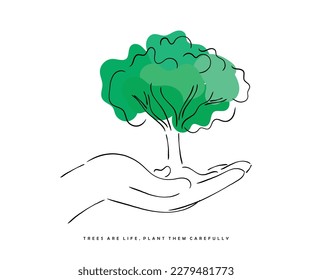 Line art vector of a tree on the palm indicating the practice to plant more and more trees to combat climate change. Happy forests day