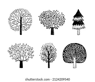 line art vector trees in black and white color