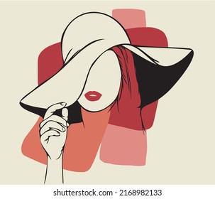 A line art vector of trendy and stylish woman with hat and red lips. Modern and minimalist background.