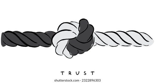 line art vector of Trust concept and connected symbol as two different ropes tied and linked together as an unbreakable chain as a faith metaphor for dependence and reliance on a trusted partner.