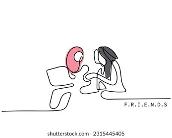 line art vector of two college friends sitting together.