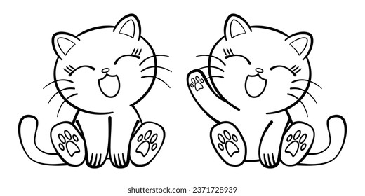 Line art vector of two cute small smiling cat or kitten sitting and waving hand drawing in black and white