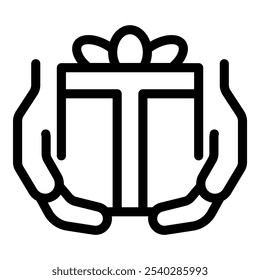 Line art vector of two hands carefully holding a gift box, perfect for representing giving presents