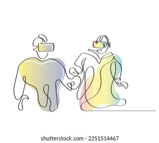 Arte vectorial de línea de dos personas con auriculares VR. Concepto de color ciberpunk.