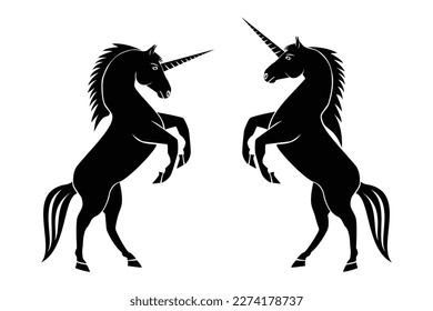 Line art vector of two unicorn legendary creature seems horse with horn forehead and action lifting  front leg drawing in black and white