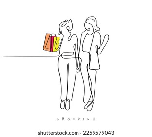 Line art vector of two women holding shopping bags. Shopaholic concept art.