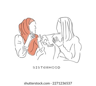 Line art vector of two young women sharing ideas. Sisterhood concept art.