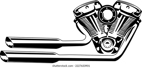 line art vector v twin engine with double exhaust black white