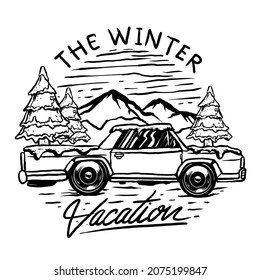 line art vector of vintage car in the winter season background