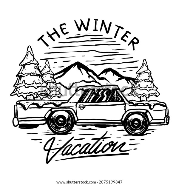 line art vector of vintage car in the winter\
season background