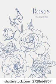 Vetor vintage modelo Roses flores com buquê buds. Ilustração elegante. Elementos desenhados à mão, bege azul. Fundo floral para cartão de saudação de design, decoração de casamento, convite, presente
