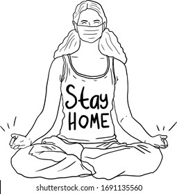 Line Art Vector. Woman Doing Exercise At Home In Yoga Pose. Black & White Illustration. Stay Home, Mask, Coronavirus