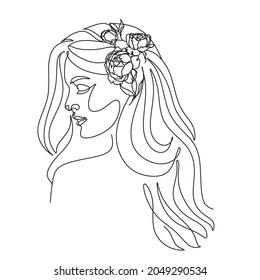 Vector de línea de arte Mujer con pelo largo y flores. Dibujo de la línea de la cabeza de las flores. Cara botánica femenina. Símbolo natural de los cosméticos. logotipo de extensiones capilares. Logo del salón de belleza