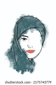 Line Art Vector of Woman in Scarf or Hijab with Red Lips.