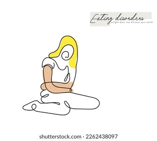 Line art vector of a woman suffering from eating disorder. Girls mental health. Eating disorder awareness.