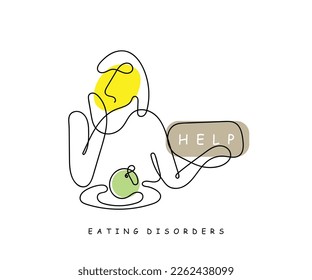 Line art vector of a woman suffering from eating disorder. Girls mental health. Eating disorder awareness.