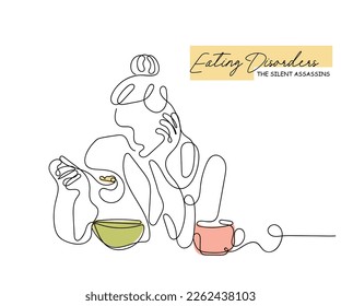 Line art vector of a woman suffering from eating disorder. Girls mental health. Eating disorder awareness.