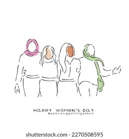 Vector de línea de arte de la mujer. Día de la mujer. Doodles de mujeres aisladas. Empoderamiento y concepto de solidaridad de las mujeres. 