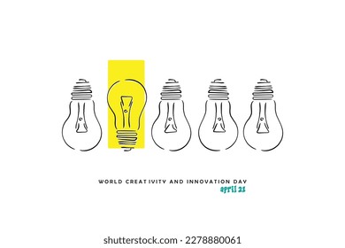 line art vector of world creativity and innovation day that is celebrated every year on 21 april.  Bulb and ideas concept art.
