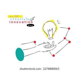 line art vector of world creativity and innovation day that is celebrated every year on 21 april.  Bulb and ideas concept art.