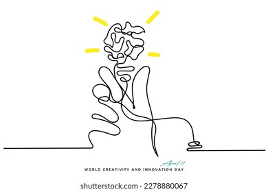 line art vector of world creativity and innovation day that is celebrated every year on 21 april.  Bulb and ideas concept art.