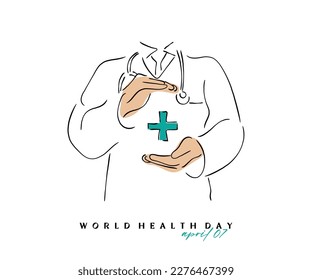 Line art vector of world health day.  Health day is celebrated every year on april 7 every year to raise awareness about health and avoid all kind of health hazards. 