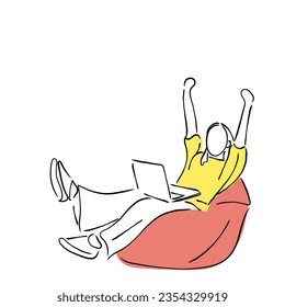 line art vector of a young happy woman in yellow sweater sitting in bag chair  while working on laptop pc computer with outstretched hands 