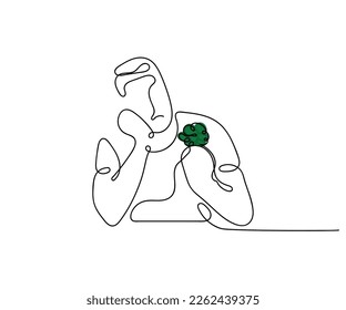 Line art vector of a young man struggling to maintain a healthy eating pattern. Healthy life choices art.