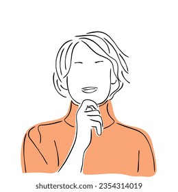 Line art vector of a young women with a beautiful hairdo sitting and wondering. Profile of Women wearing turtleneck 