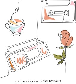 Line art vectors. cup of tea , cassette, Radio  and rose in order. 