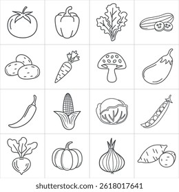 Line art vegetable Icons Tomato, Pepper, Lettuce, Cucumber, Potato, Carrot, mushroom, corn, cabbage