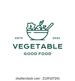 Line art Vegetable salad, healthy food, fresh salad ingredients in bowl logo design vector illustration