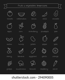 Line art vegetables icons set. Vector chalk linear illustrations with names isolated on blackboard