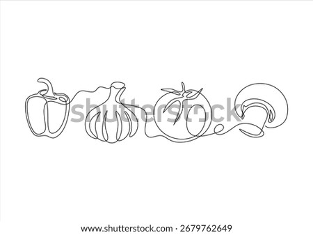 Line Art Vegetables Pepper, Garlic, Tomato, and Mushroom. line icon-continuous line drawing. Editable stroke. 