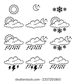 versión de arte de línea de la ilustración conjunto de estaciones meteorológicas como soleadas, lluviosas, sobrefundidas, noches claras, truenos, lluvia, nieve