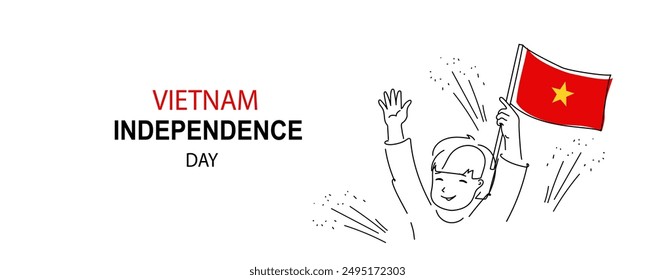 line art of Vietnam independence Day. cute child holds a Vietnam flag in his hands. A hand-drawn vector doodle banner, copy space.Happy Vietnam Independent Day.